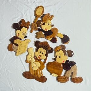 Bundle Of 4 | Vintage Disney Mickey & Minnie Mouse Wood Intarsia Wall Set